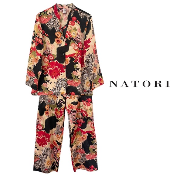 NATORI CRUZ NATORI LEOPARD FLORAL PRINT LOUNGE PAJAMA SET PAJAMAS SZ L